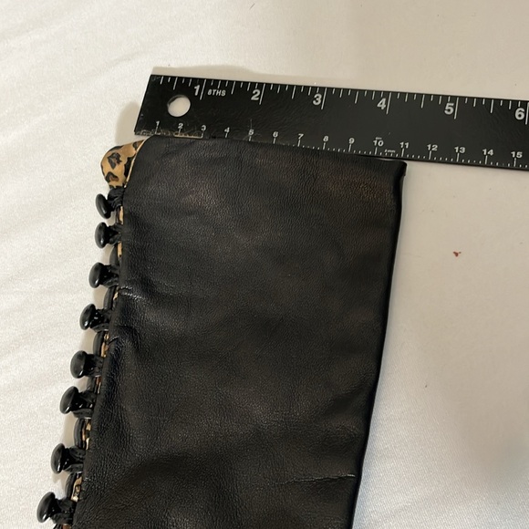 Bananna Republic long Black leather gloves silk leopard lining 8 buttons - Picture 12 of 13